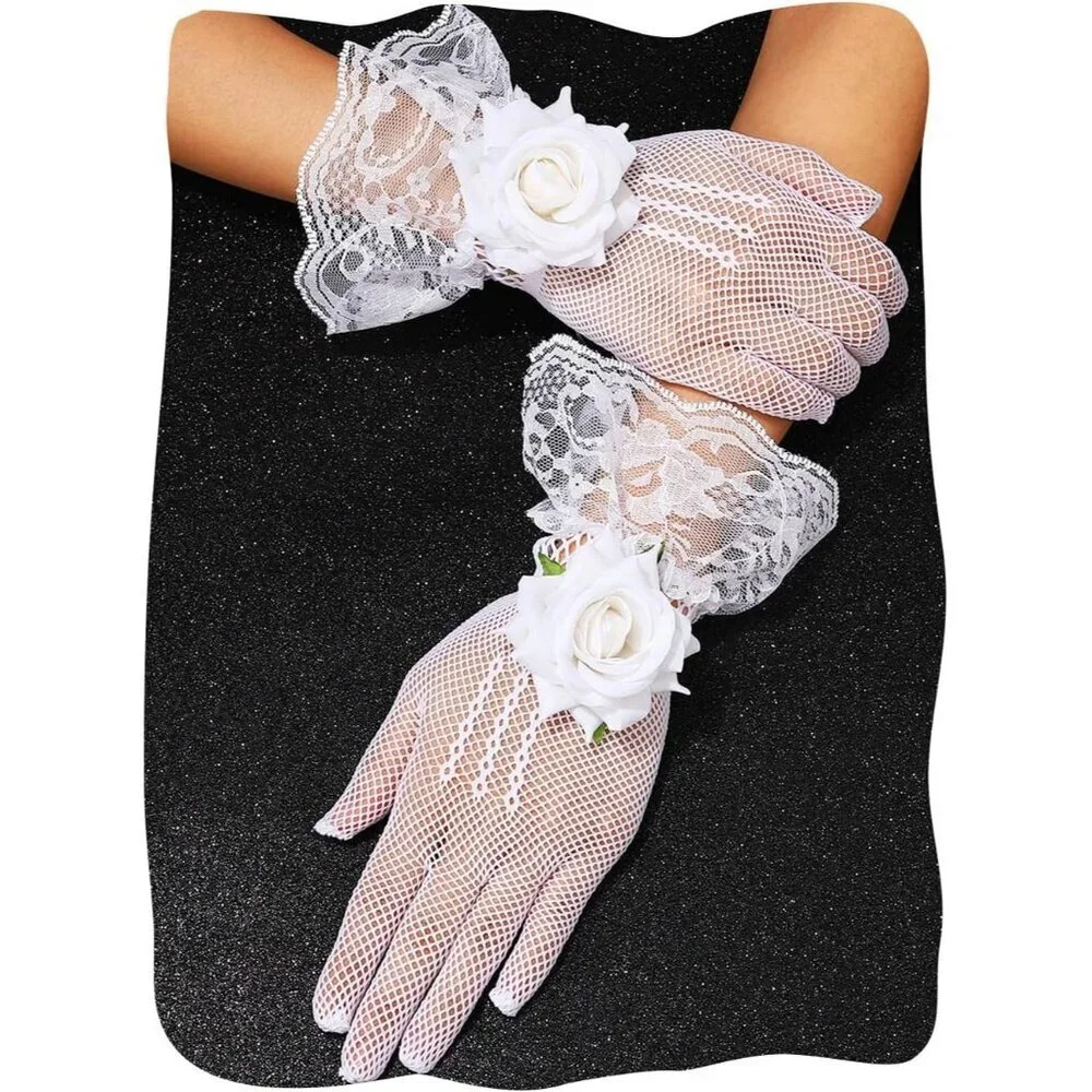 Women's White Mesh Flower Rose Lace Gloves Design Wedding Party Tea Prom